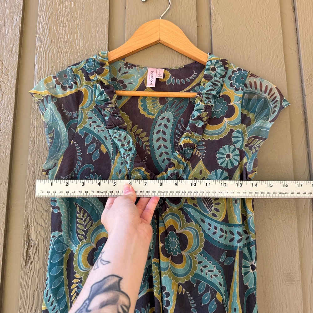 Sweet Pea Paisley Mesh Top Women Large Ruffle V-Neck Cap Sleeve Blue Green Brown - Picture 5 of 9